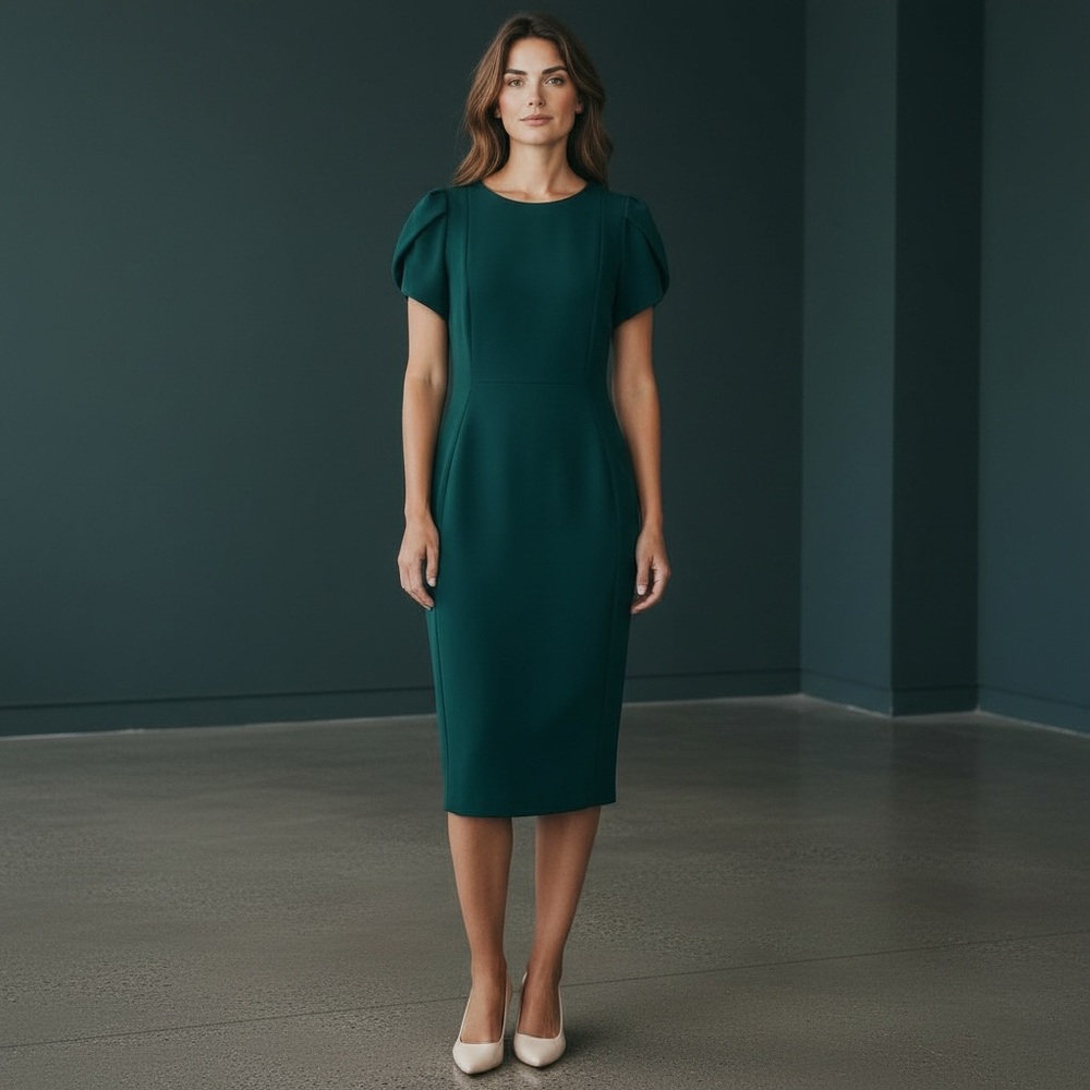 💙 Calvin Klein Teal Midi Dress with Petal Sleeves – Size 4